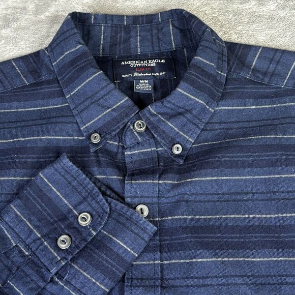 AMERICAN EAGLE Shirt Mens M Slim Fit Blue Stripe Lightweight Flannel Button Down - Picture 1 of 11